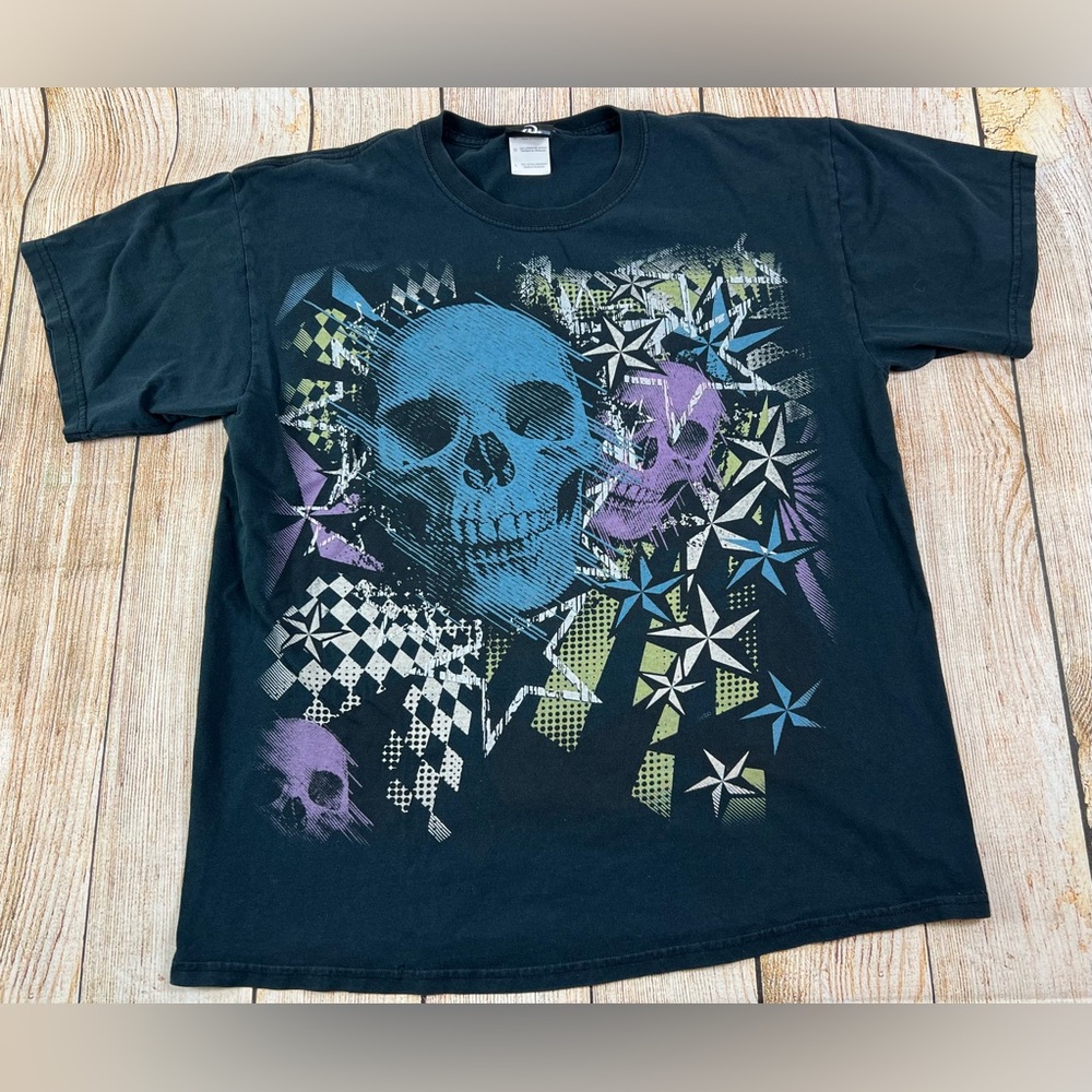 Y2K 4 Seasons Skull Star Gothic Graphic Black T Shirt Size Large